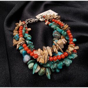 Barse 925 Sterling Silver Multi-Strand Bracelet With Turquoise & Red Coral Beads